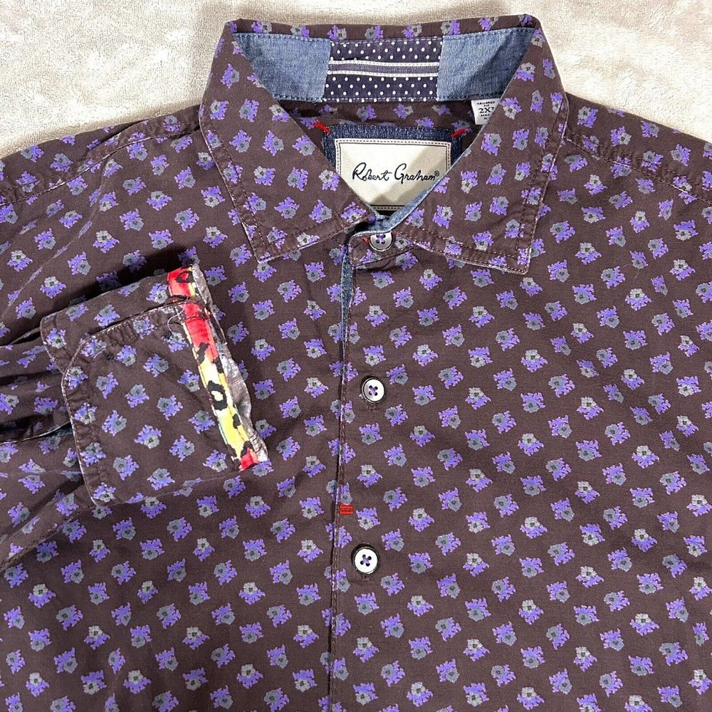 Robert Graham Men’s 2XL Brown Purple Long Sleeve Button Up Shirt Flip Cuff